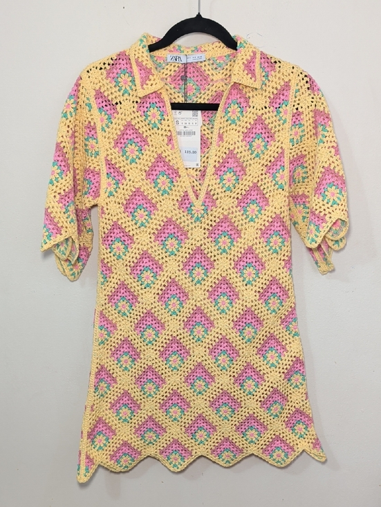 Zara Dresses & Skirts - Zara Limited Release Crochet Knit Mini Dress Yellow Pink Green Boho NEW Size S